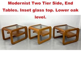 Lot 514 Set 3 LOU HODGES Oak Modernist Two Tier Side, End Tables. Inset glass top. Lower oak level. 