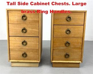 Lot 549 Pair Mid Century Modern Tall Side Cabinet Chests. Large brass Ring Handles. 