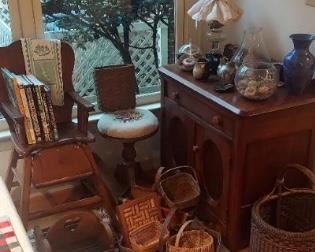 Primitive high chair, wood wash stand, baskets and primitives
