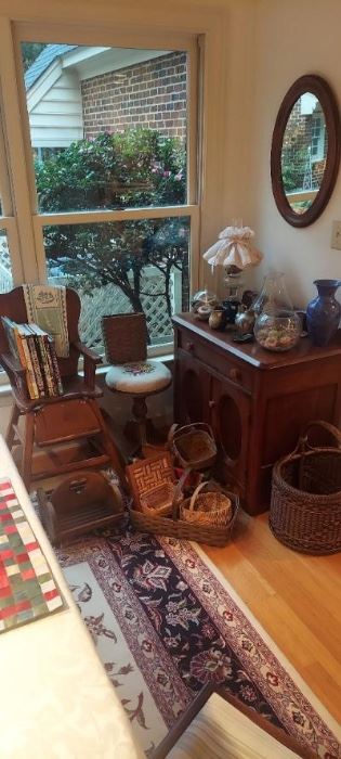 Primitive high chair, wood wash stand, baskets and primitives