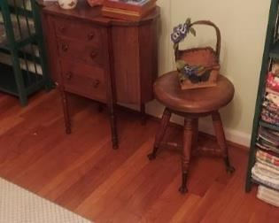 Martha Washington sewing cabinet, antique piano stool