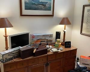 Ethan Allen console, office items, Lego train set