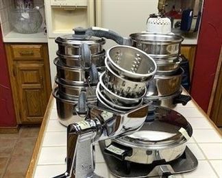 Vintage Salad Master pots, pans, food processor, utensils
