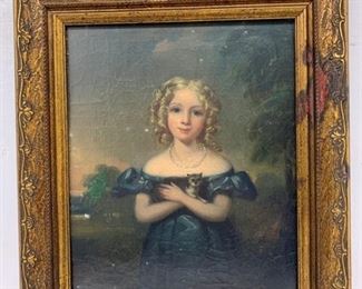 18th C Oil Painting Under Glass of Girl in Blue Dress with Cat 13x15 Framed
