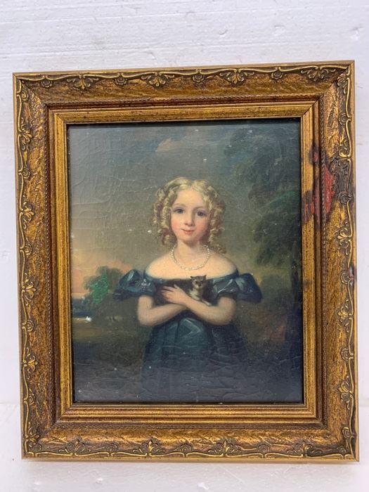 18th C Oil Painting Under Glass of Girl in Blue Dress with Cat 13x15 Framed