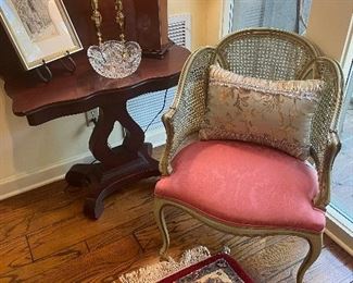Empire game table with French cane back armchair ( one of a pair) 