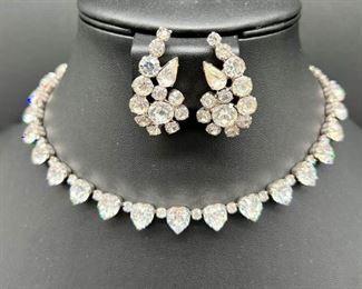 GG014 Vintage Kramer Jewelry Creations Rhinestone Necklace And Clip Earrings Set