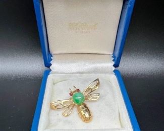 GG024 Jade, Ruby 14kt Gold Dragonfly Pin From Peacock Jewelers Chicago 1960s