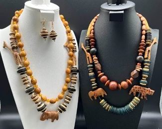 GG048 Tribal HandCarved Beaded Necklace And Earring Lot