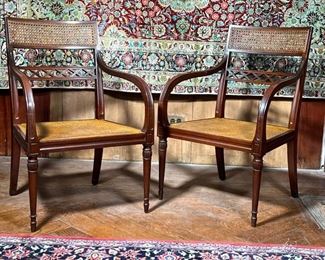 (2pc) PAIR FEDERAL CHAIRS  |  Bentwood arms, with caned and openwork backrest and caned seats, over back splayed legs and tapering front legs - l. 22.5 x w. 22 x h. 33.5 in.