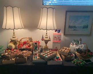 Stiffel table lamps & vintage Christmas ornaments