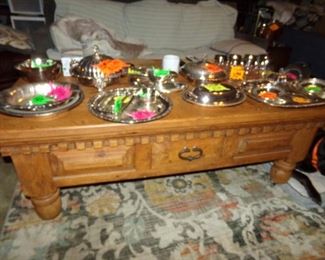 Very Cool Heavy Wood Coffee Table - Silver plate serving items