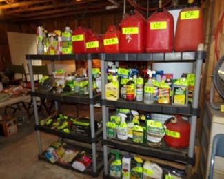 Storage Shelving , Gas Cans of Various sizes, Spray Paint, Yard Chemicals, Bug Spray