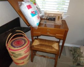 Nice Vintage Sewing Machine in a Hard Wood Case with Drawers - Cane Seated Stool - Basket with Lid - cotton Stuffing