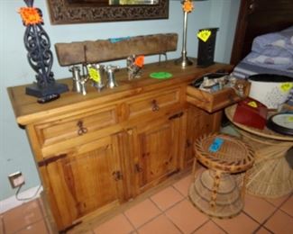 Nice Wood Buffet with Drawers - Lamps - Candle Holder - Round Wicker Side Tables