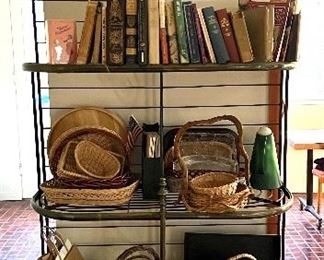 Iron And Brass Bakers Rack, Cookbooks, and Baskets