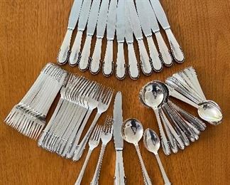 Georg Jensen Beaded Sterling Flatware, 5-piece place setting, service for 12, plus serving spoon