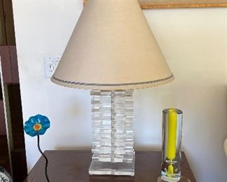 Lucite Table Lamp, Glass and silver accessories