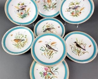 8 Antique 19th C. Worcester Porcelain Dessert Plates, Birds & Flowers