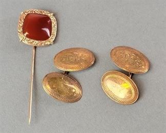 Antique 14K w/ Carnelian Stick Pin and Cufflinks