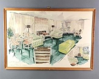 MCM Interior Design Architectural Watercolor Painting, Marshall Field