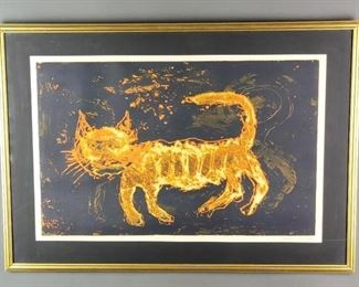 Original Abstract Signed Lithograph of a Cat, Arthur Secunda