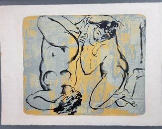 Hans Erni Orig Mid Century Signed Abstract Lithograph, Deux Nus, w/ Nudes