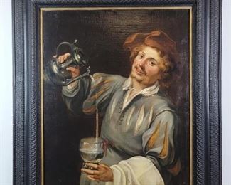  Large 19th C. Oil on Canvas after Theodore Rombouts, "The Cup-Bearer (Allegory of Temperance)"