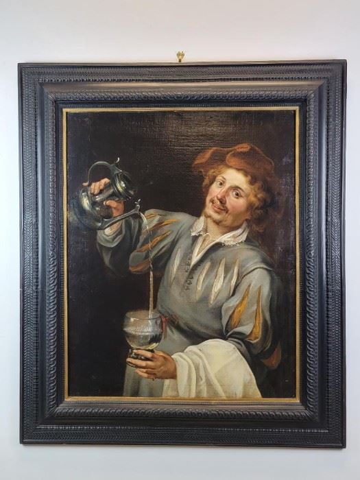  Large 19th C. Oil on Canvas after Theodore Rombouts, "The Cup-Bearer (Allegory of Temperance)"