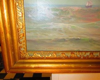 Detail of Signature, Antique Oil on Canvas, Nautical Seaside Landscape, Warren Sheppard