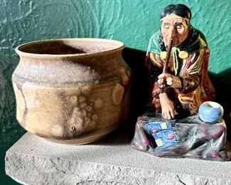 Pottery bowl & Royal Doulton Calumet figurine.