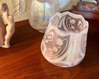 Iridescent Nouveau glass lamp shades.