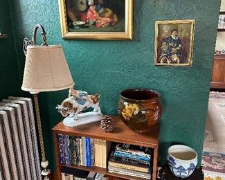 Weller pottery, oil painintngs and antique floor lamp.
