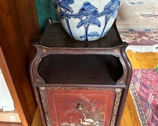 Antique Japanese tea stand and a Weller jardiniere by Frederick Hurten Rhedd.