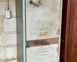 Vintage metal hosiery mill double employee locker with safes