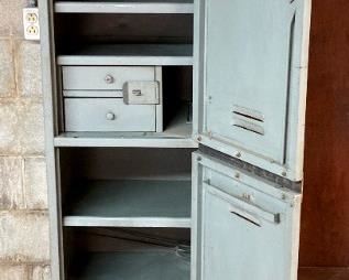 Vintage metal hosiery mill double employee locker with safes