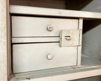 Vintage metal hosiery mill double employee locker with safes