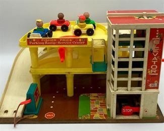 Vintage Fisher-Price Parking Ramp and Service Center with accessories