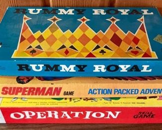 Vintage board games: Rummy Royal, Superman Game, Operation