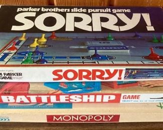 Vintage board games: Sorry!, Battleship and Monopoly