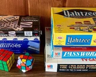 Vintage games: Pick-Up sticks, Dominoes, Rubik's Cubes, Yahtzee, Password, The $20,000 Pyramid TV game