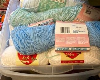 Yarn skeins including yarn by: Red Heart, Lion Brand, Caron, Impeccable by Loops and Threads, Simply Soft by Caron, Bernat, Studio Classic by Nicole, Lily Sugar 'N Cream