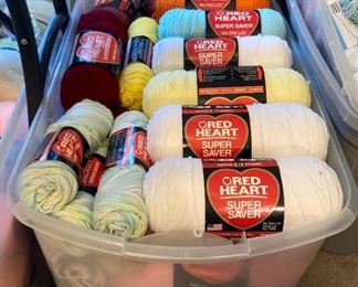 Yarn skeins including yarn by: Red Heart, Lion Brand, Caron, Impeccable by Loops and Threads, Simply Soft by Caron, Bernat, Studio Classic by Nicole, Lily Sugar 'N Cream