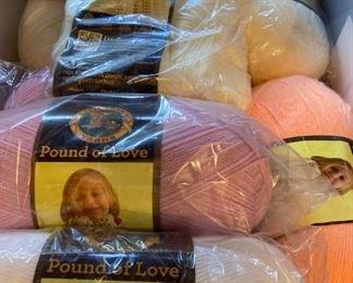 Yarn skeins including yarn by: Red Heart, Lion Brand, Caron, Impeccable by Loops and Threads, Simply Soft by Caron, Bernat, Studio Classic by Nicole, Lily Sugar 'N Cream