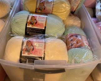 Yarn skeins including yarn by: Red Heart, Lion Brand, Caron, Impeccable by Loops and Threads, Simply Soft by Caron, Bernat, Studio Classic by Nicole, Lily Sugar 'N Cream