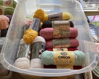 Yarn skeins including yarn by: Red Heart, Lion Brand, Caron, Impeccable by Loops and Threads, Simply Soft by Caron, Bernat, Studio Classic by Nicole, Lily Sugar 'N Cream