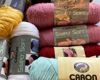 Yarn skeins including yarn by: Red Heart, Lion Brand, Caron, Impeccable by Loops and Threads, Simply Soft by Caron, Bernat, Studio Classic by Nicole, Lily Sugar 'N Cream