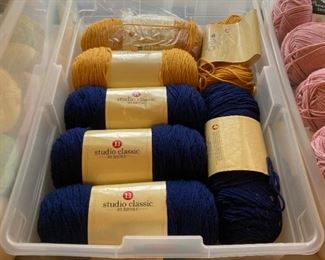 Yarn skeins including yarn by: Red Heart, Lion Brand, Caron, Impeccable by Loops and Threads, Simply Soft by Caron, Bernat, Studio Classic by Nicole, Lily Sugar 'N Cream