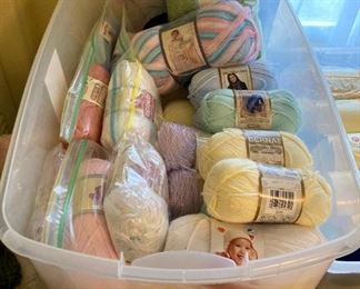 Yarn skeins including yarn by: Red Heart, Lion Brand, Caron, Impeccable by Loops and Threads, Simply Soft by Caron, Bernat, Studio Classic by Nicole, Lily Sugar 'N Cream