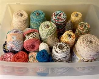 Yarn skeins including yarn by: Red Heart, Lion Brand, Caron, Impeccable by Loops and Threads, Simply Soft by Caron, Bernat, Studio Classic by Nicole, Lily Sugar 'N Cream